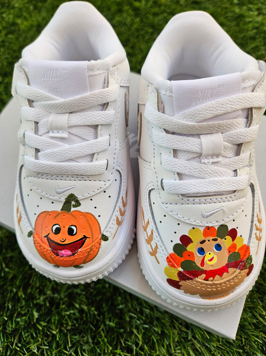 Hand-Painted “Hello Fall” Toddler Nike Force 1 Low | Pumpkin & Turkey Fall-Themed Custom Sneakers | Easy On Leather AF1s