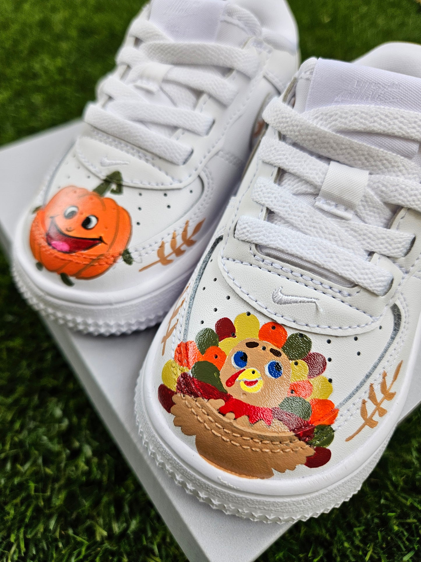 Hand-Painted “Hello Fall” Toddler Nike Force 1 Low | Pumpkin & Turkey Fall-Themed Custom Sneakers | Easy On Leather AF1s