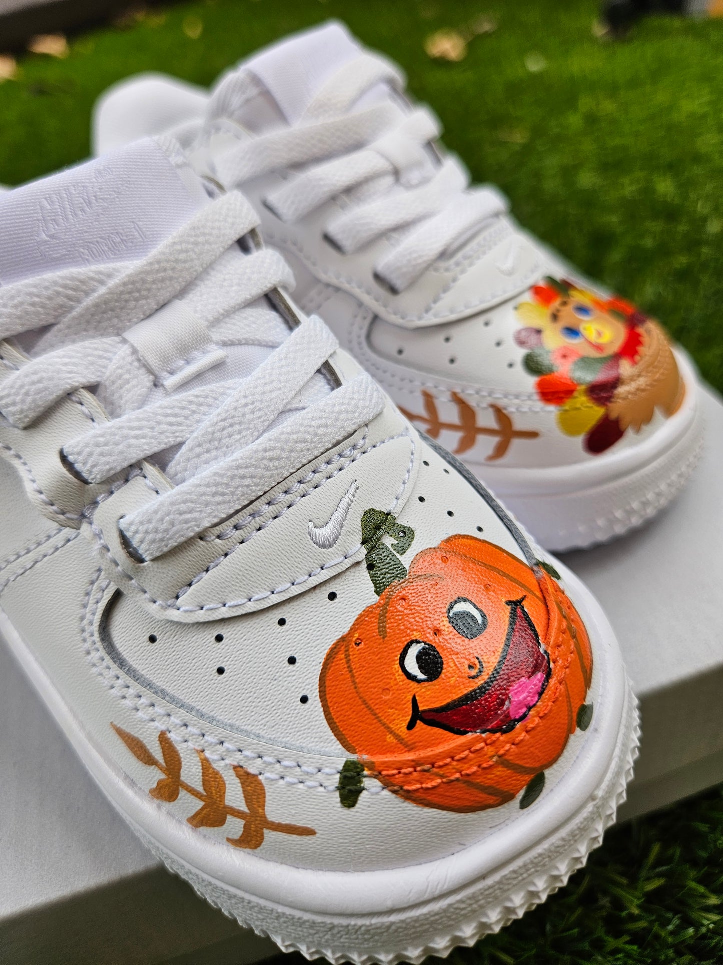 Hand-Painted “Hello Fall” Toddler Nike Force 1 Low | Pumpkin & Turkey Fall-Themed Custom Sneakers | Easy On Leather AF1s