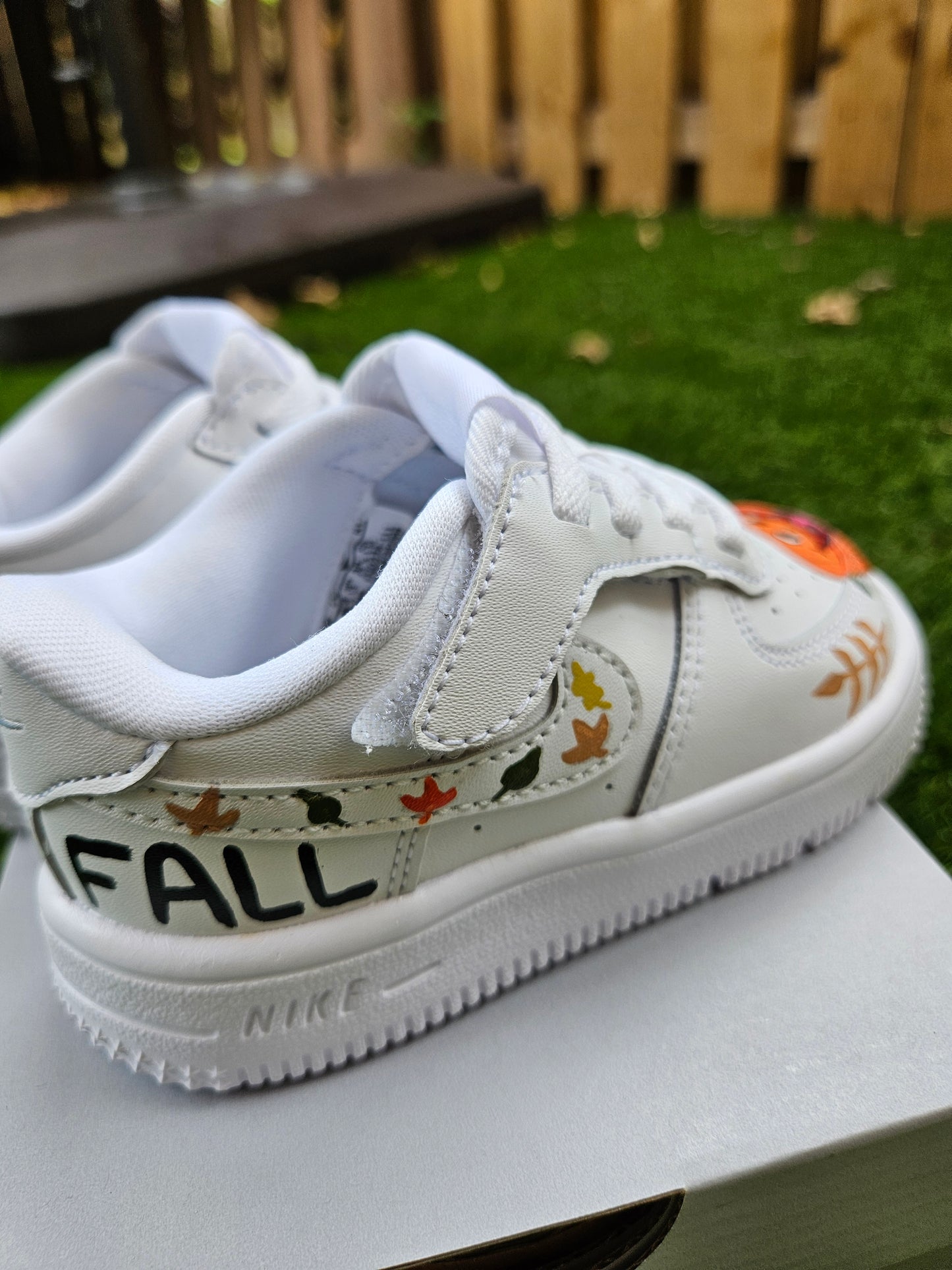Hand-Painted “Hello Fall” Toddler Nike Force 1 Low | Pumpkin & Turkey Fall-Themed Custom Sneakers | Easy On Leather AF1s