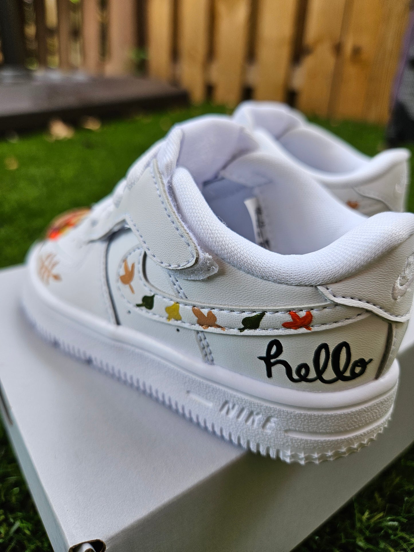 Hand-Painted “Hello Fall” Toddler Nike Force 1 Low | Pumpkin & Turkey Fall-Themed Custom Sneakers | Easy On Leather AF1s