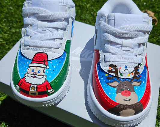 Hand-Painted Toddler Nike Air Force 1 Low “Easy On” – Christmas Santa & Rudolph Custom Shoes